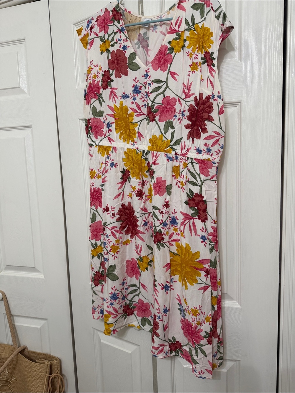 Old Navy Off-White Floral Cap-Sleeve Casual Dress with Rusty Red & Gold Blooms